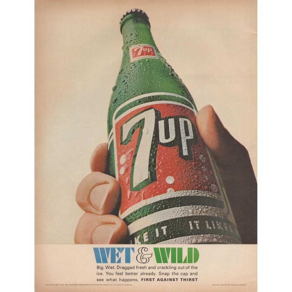 1967 7-Up Vintage Print Ad Wet and Wild Soda Bottle Retro Decor Close Up‎
